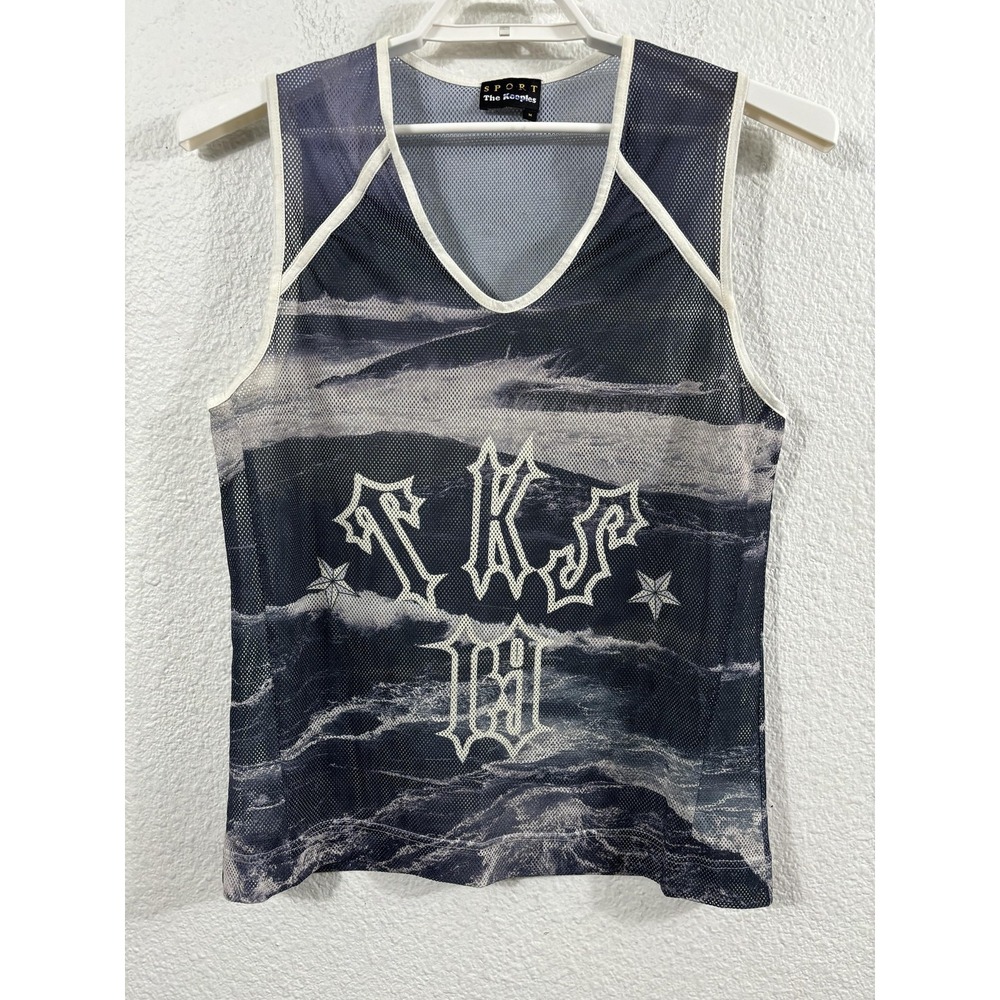 The Kooples Sport Tank Top Mens Medium Blue Mesh Ocean Wave‎ Graphic V-Neck